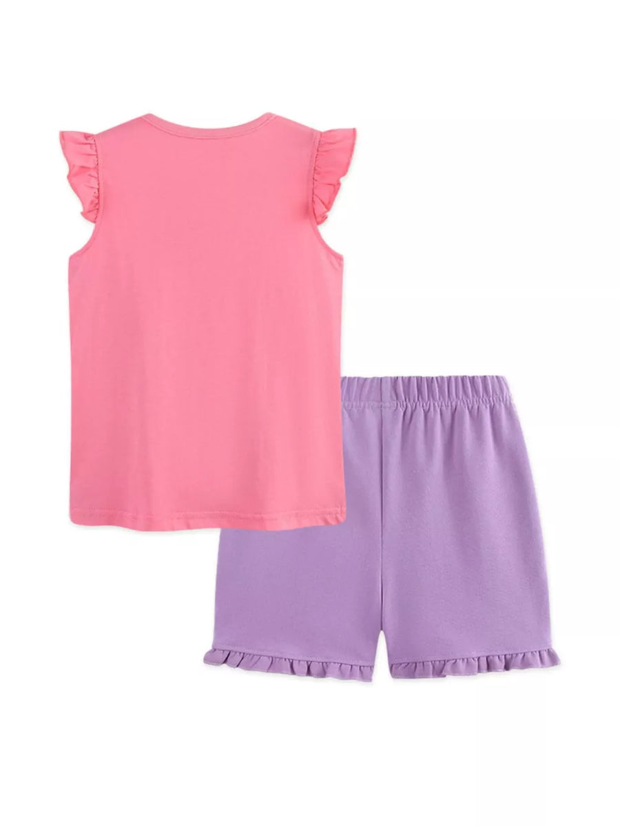 Pink ruffled sleeve t-shirt and purple ruffled hem shorts set for babies.
