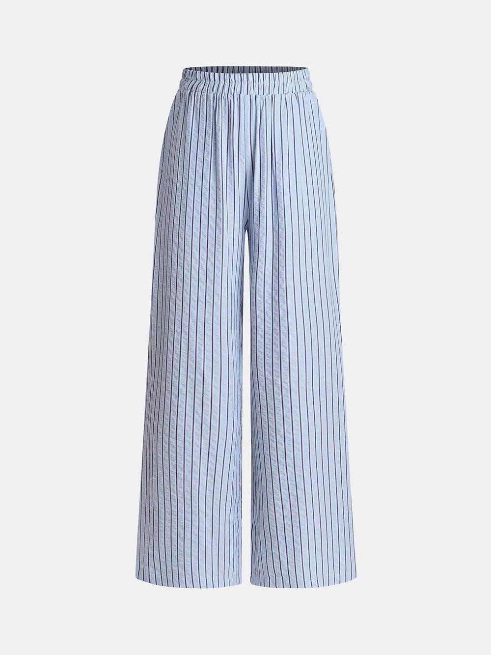 Maternity wide-leg pants in light blue with vertical pinstripes and a comfortable elastic waistband.