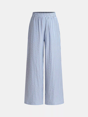 Maternity wide-leg pants in light blue with vertical pinstripes and a comfortable elastic waistband.