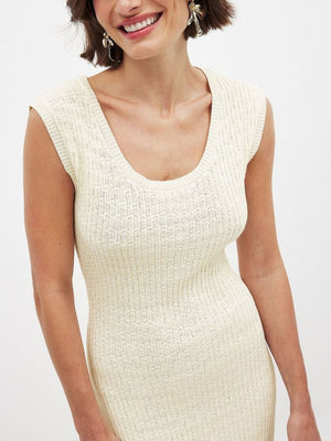 Scoop neck knit midi dress in apricot with a textured pattern and sleeveless cut.