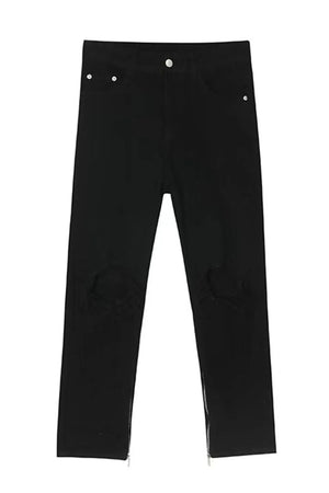 Black distressed knee modern straight leg denim jeans with zip ankles