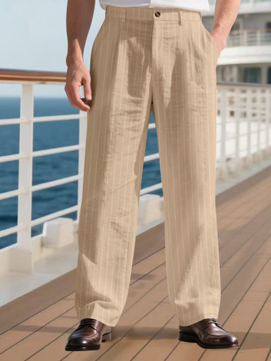 Men's khaki striped wide-leg sweatpants with a relaxed fit.