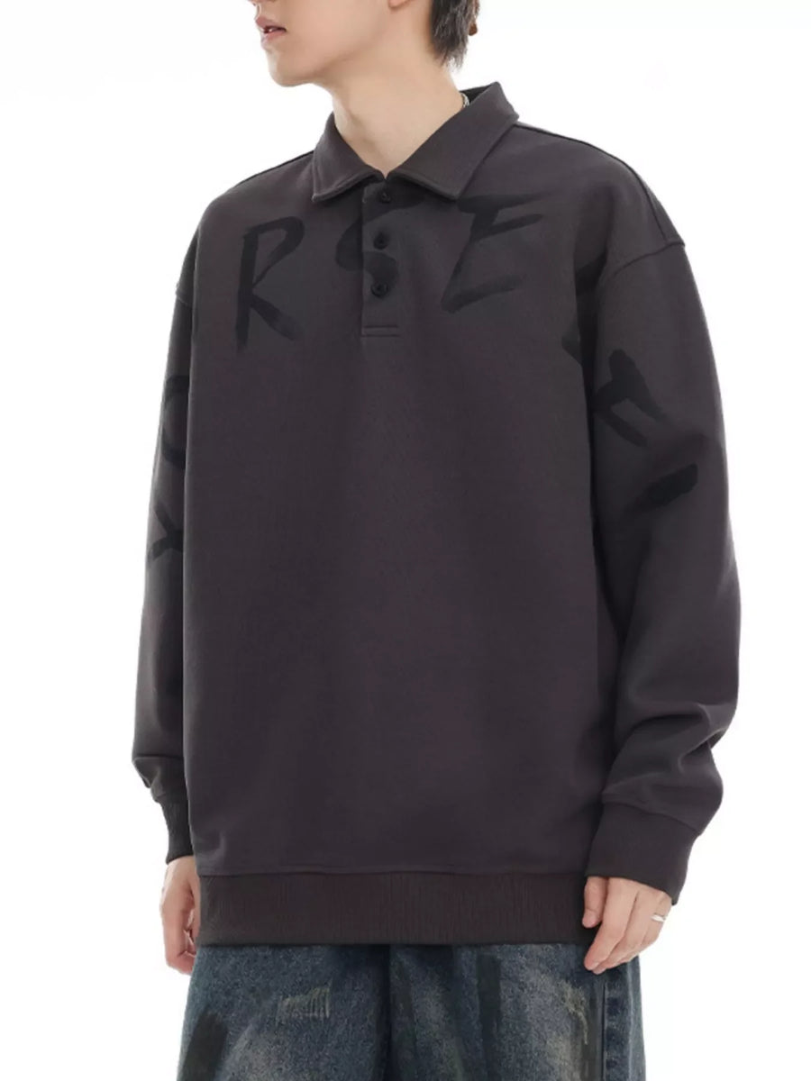 Dark Gray oversized polo sweatshirt with black graphic letter print and button placket.