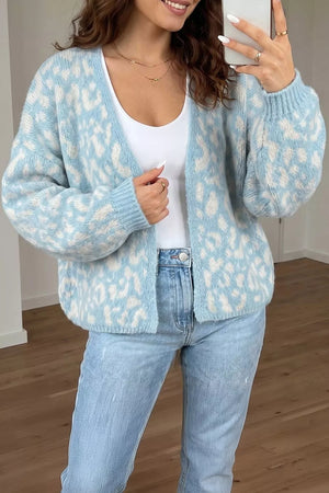 light blue cardigan with leopard-print and v-neck