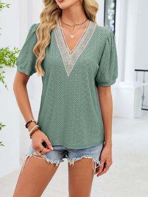 Dark Green eyelet lace trim V-neck short puff sleeve blouse