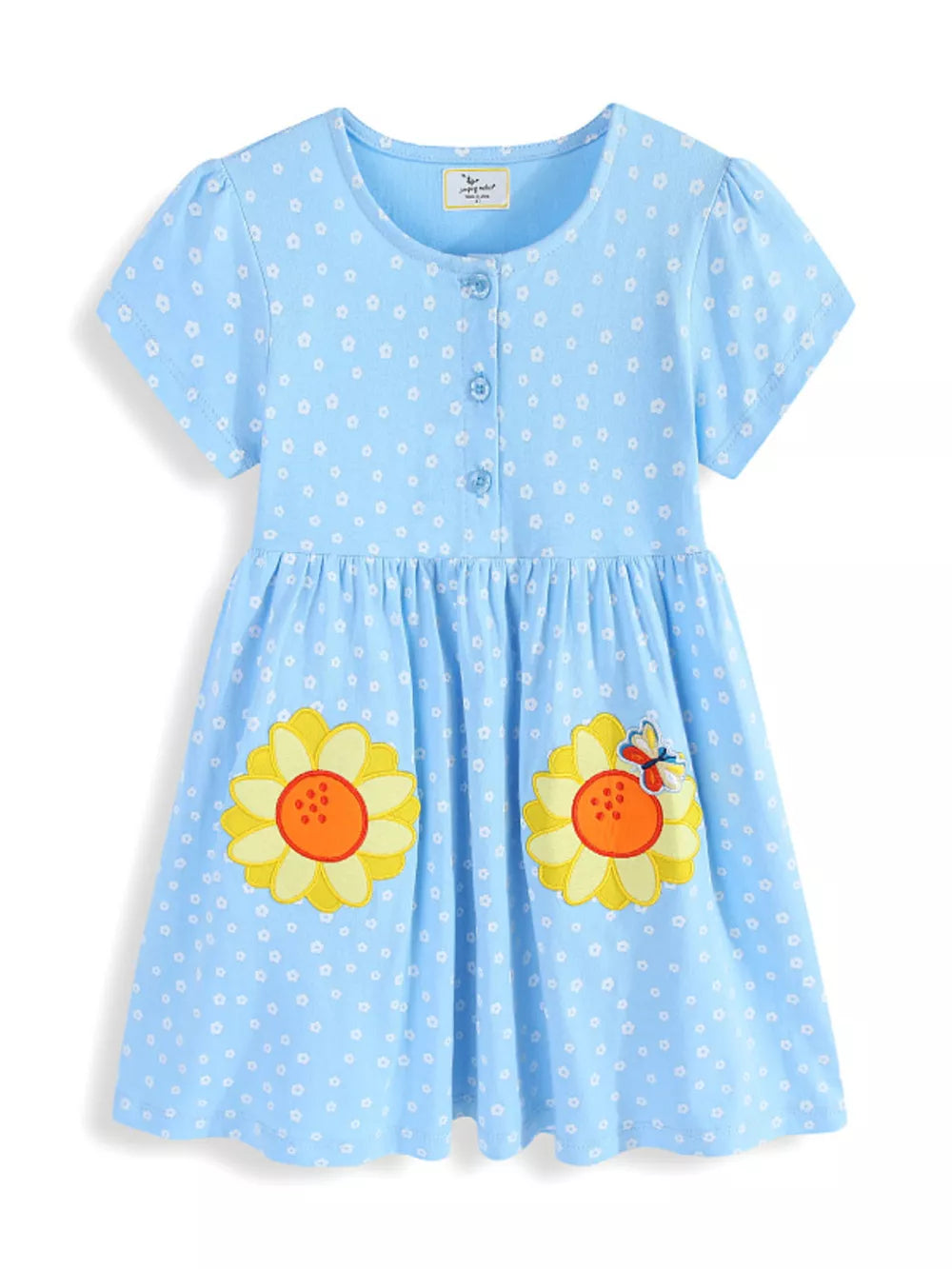 Blue cotton toddler dress with white floral print, embroidered sunflowers, and butterfly detail.