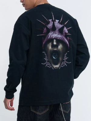 Black long sleeve t-shirt with graphic print of a screaming face wearing a spiked beanie.