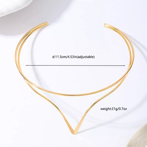 Golden V-shaped double layer choker necklace with adjustable fit