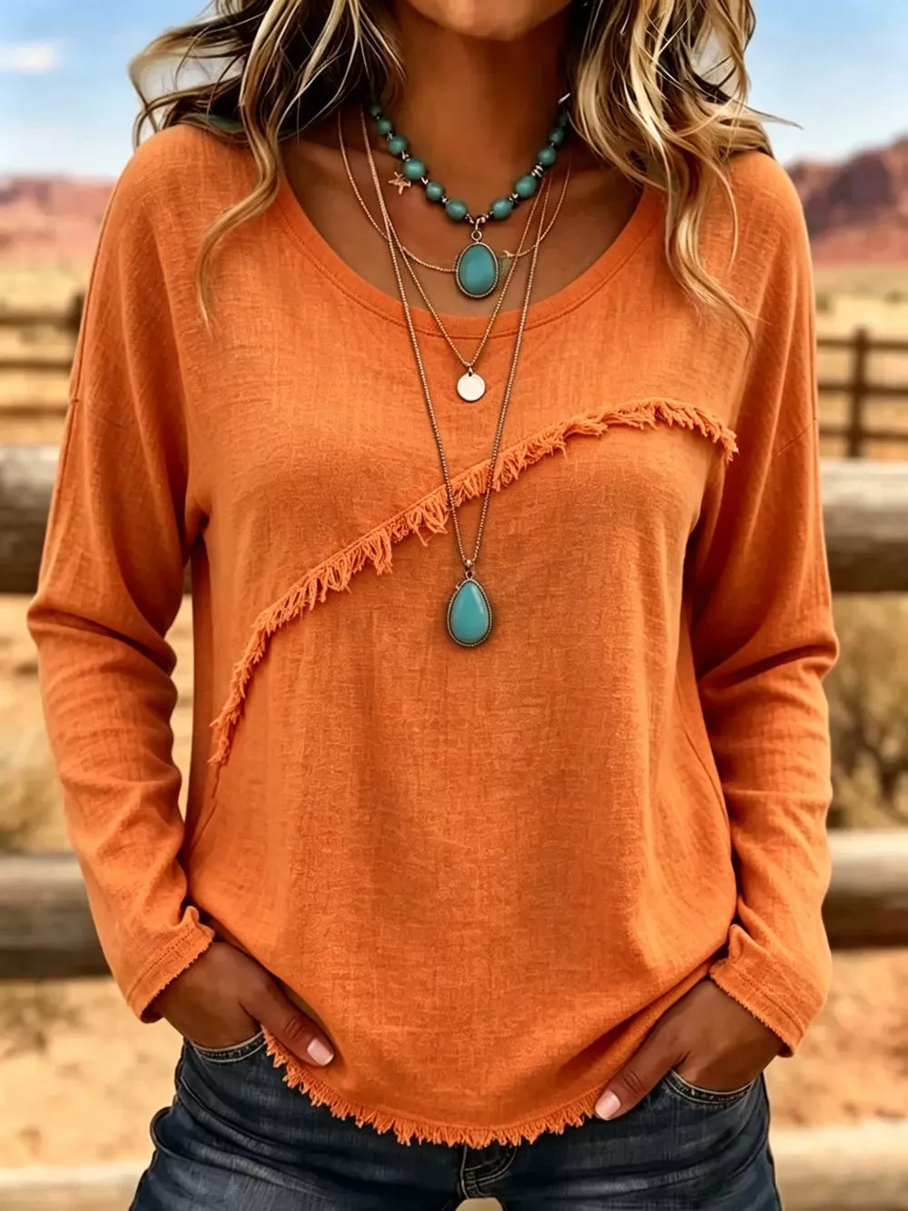 Pink Full Size Fringe Detail Long Sleeve T-shirt Plus Size