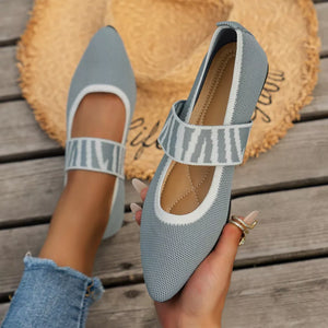 flats in dusty blue featuring knit upper and pointed toe fit