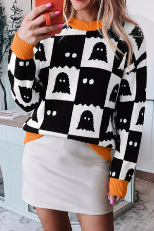 orange pullover sweater with ribbed hem and long sleeve