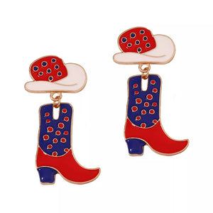 Western charm dangle earrings with cowboy boot and hat design in red, white, and blue with red polka dots.