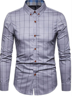 Men's grey plaid button-up shirt with button-down collar and brown buttons.