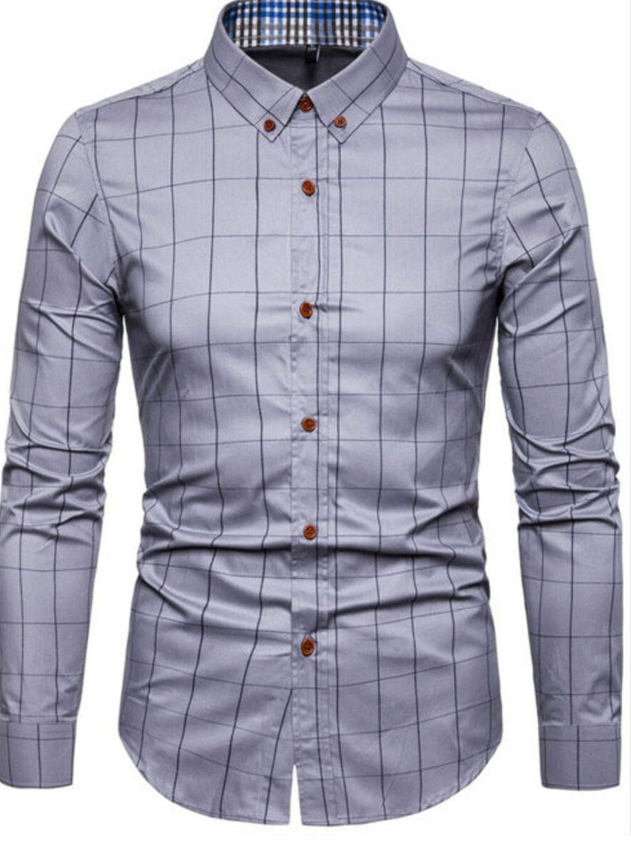 Men's grey plaid button-up shirt with button-down collar and brown buttons.