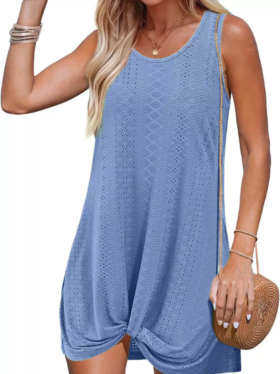 Blue eyelet tank dress with a twisted hem detail.