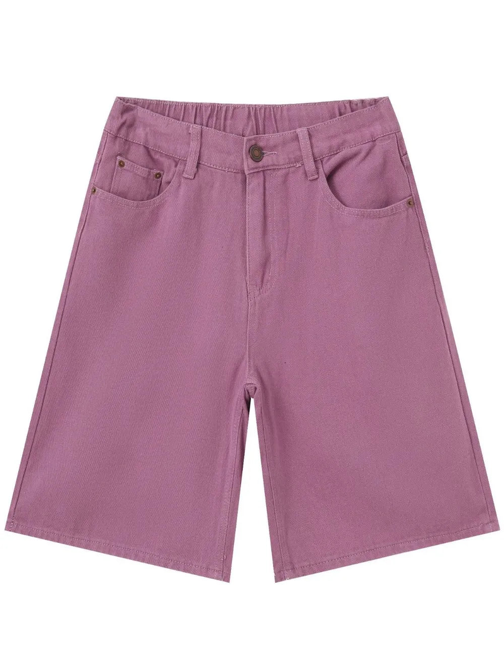 Textured denim bermuda shorts in Moonlit Mauve with elastic waistband and button closure.