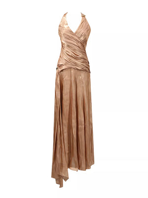 Halter Neck Ruched Maxi Dress in Champagne