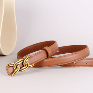 Caramel cowhide leather belt with gold chain buckle detail