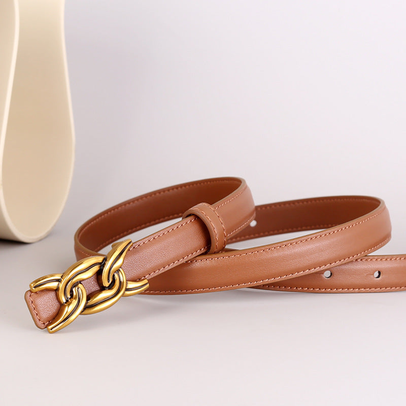 Caramel cowhide leather belt with gold chain buckle detail