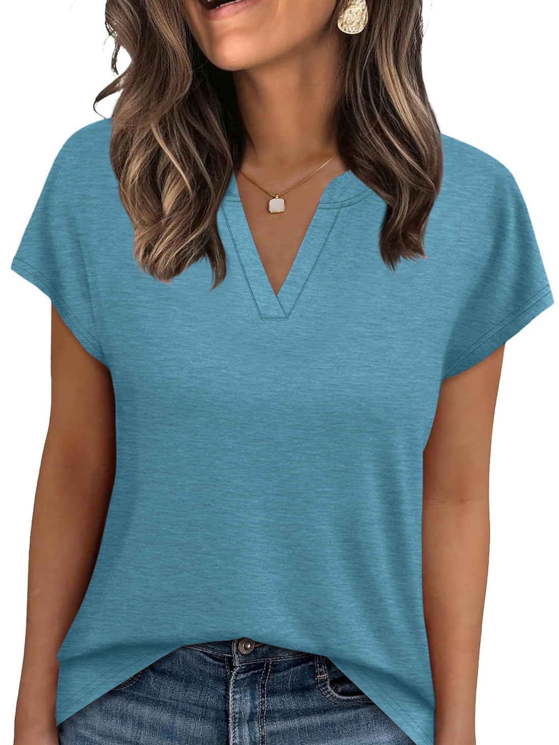 Blue heathered t-shirt with notched V-neck and short sleeves