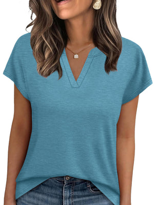 Blue heathered t-shirt with notched V-neck and short sleeves