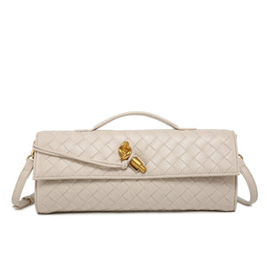 Woven Leather Wristlet Bag in Light Gray with woven texture