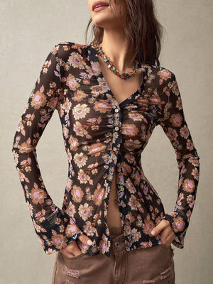 Scarlet blouse with sheer and bell sleeve