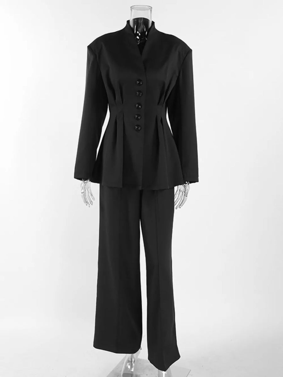 Button Down Pleated Blazer And Wide-leg Pants Set option 6