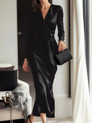 Black Satin Long Sleeve Wrap Dress