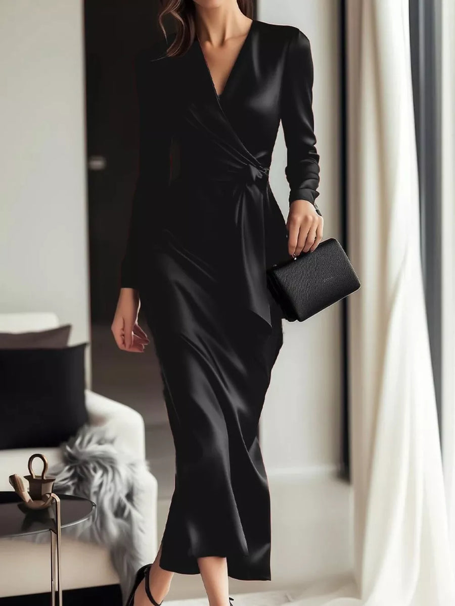 Black Satin Long Sleeve Wrap Dress