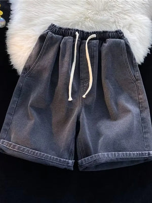 Men's relaxed fit black washed denim shorts with drawstring and cuffed hem