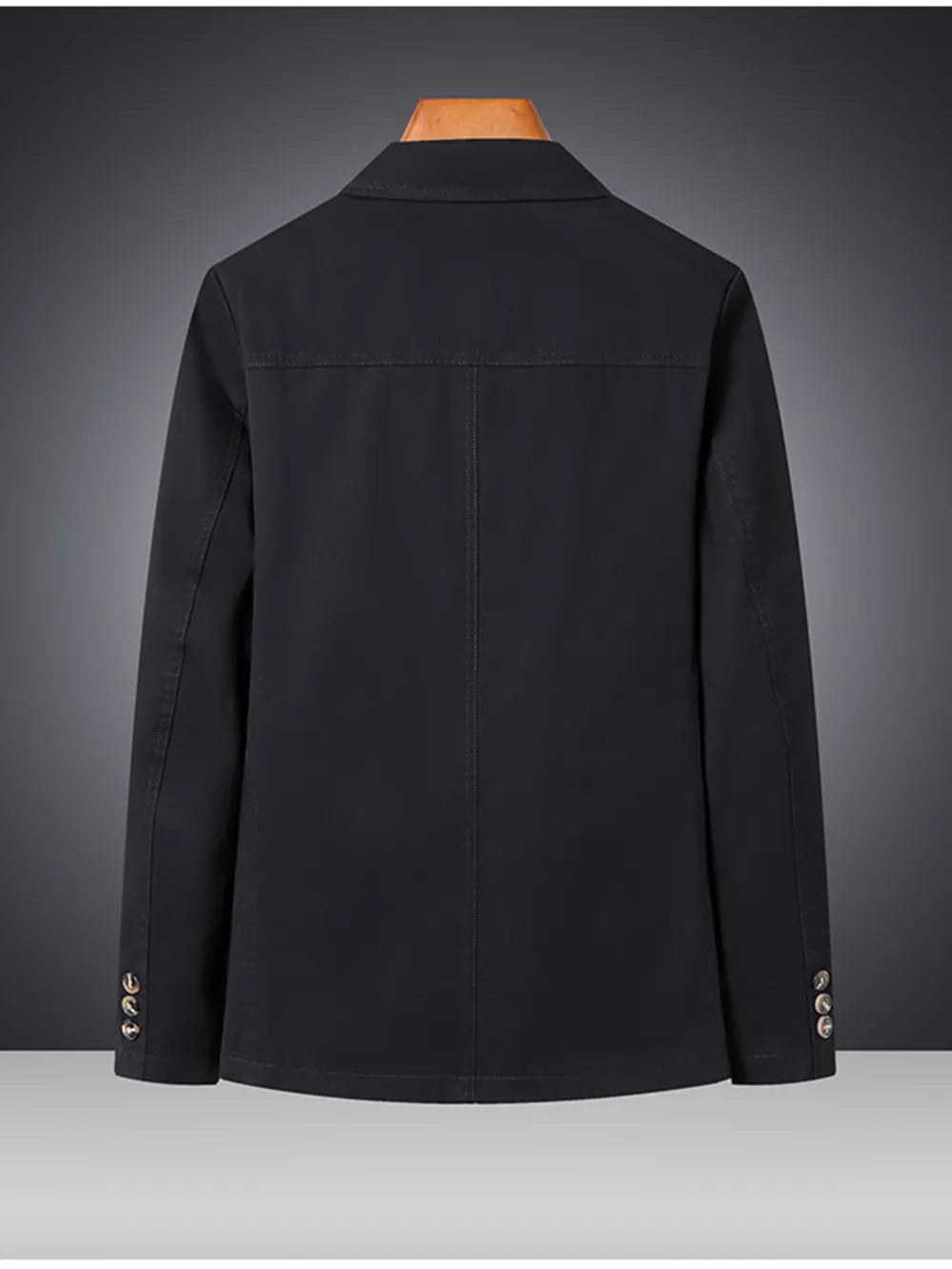Black cotton lapel blazer for men with buttoned cuffs and a basic style.