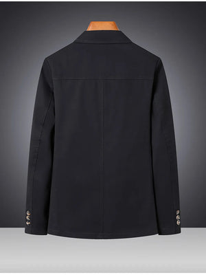 Black cotton lapel blazer for men with buttoned cuffs and a basic style.
