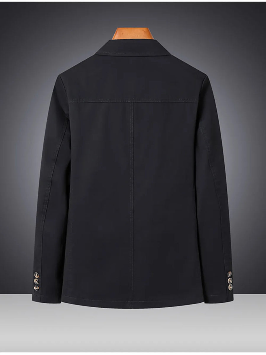 Black cotton lapel blazer for men with buttoned cuffs and a basic style.