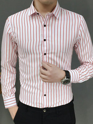 Men's white cotton button-up shirt with red vertical stripes and black buttons.