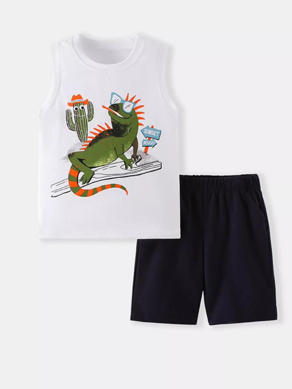 Toddler white cotton tank top with lizard graphic and navy shorts.