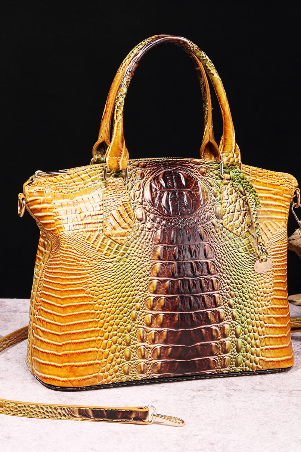 Exotic Crocodile Satchel bag in Yellow/Green gradient textured leather with top handles and a crossbody strap.