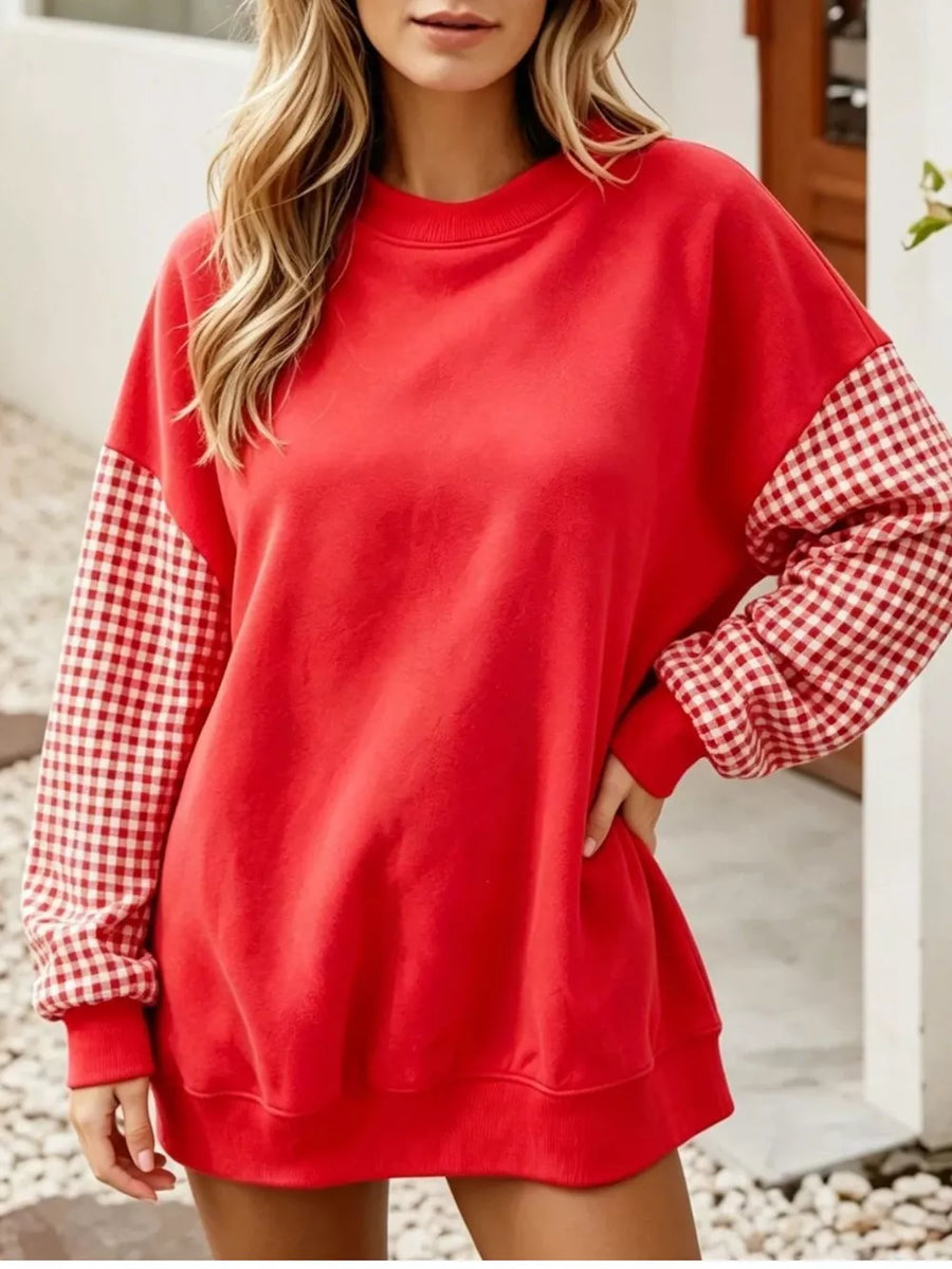 red sweatshirt with gingham and crew neck