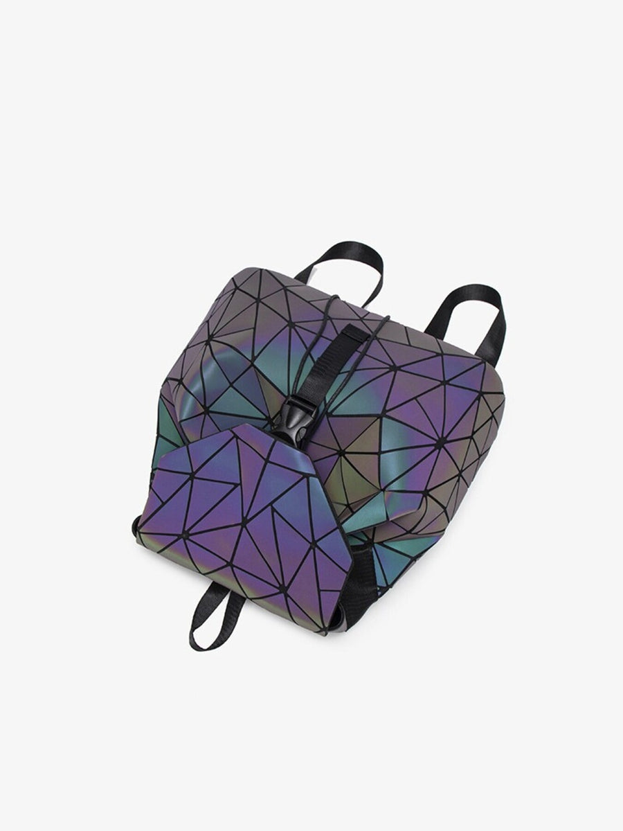 black backpack with drawstring, snap and geometric