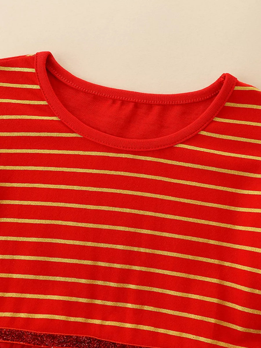 Red and gold striped baby dress with a glitter hem detail.