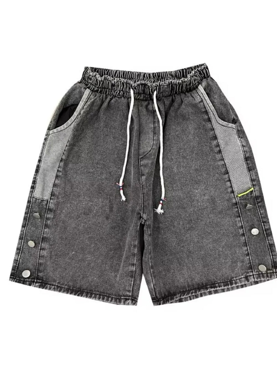 Black gray denim shorts with adjustable drawstring and button details.