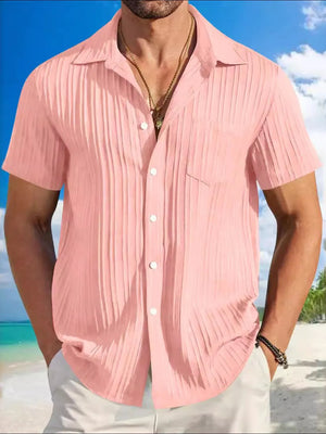 Textured pleated resort shirt in Dusty Pink with short sleeves and a button front.