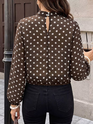 Polka Dot Mock Neck Long Sleeve Blouse in Coffee Brown with buttoned