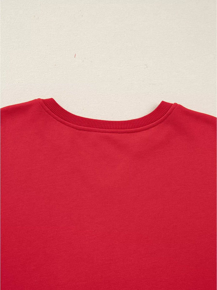 Red cotton crewneck sweatshirt with ribbed collar and cuffs