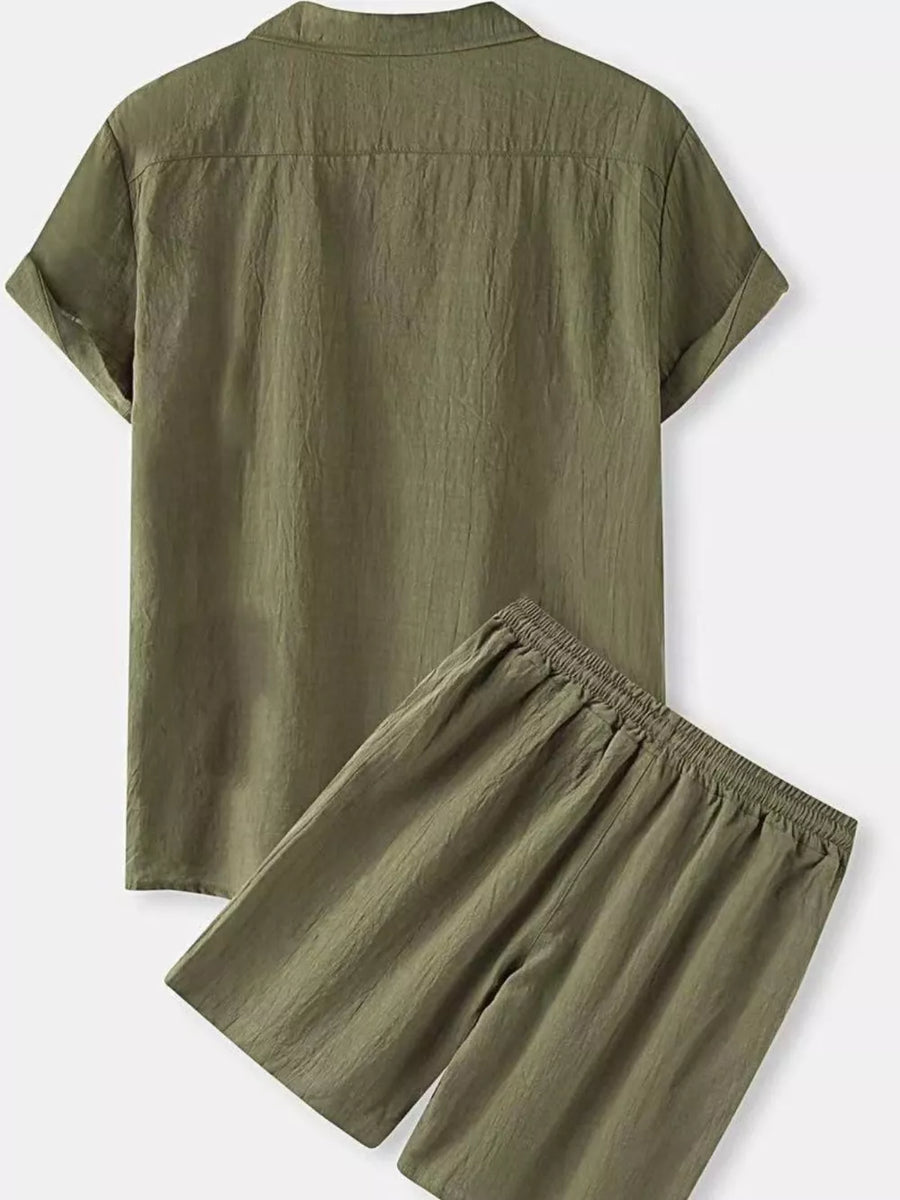 Olive green linen blend short sleeve camp shirt and drawstring shorts set