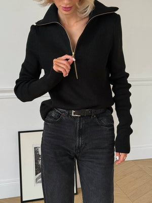 Brown relaxed zip-up sweater with collared