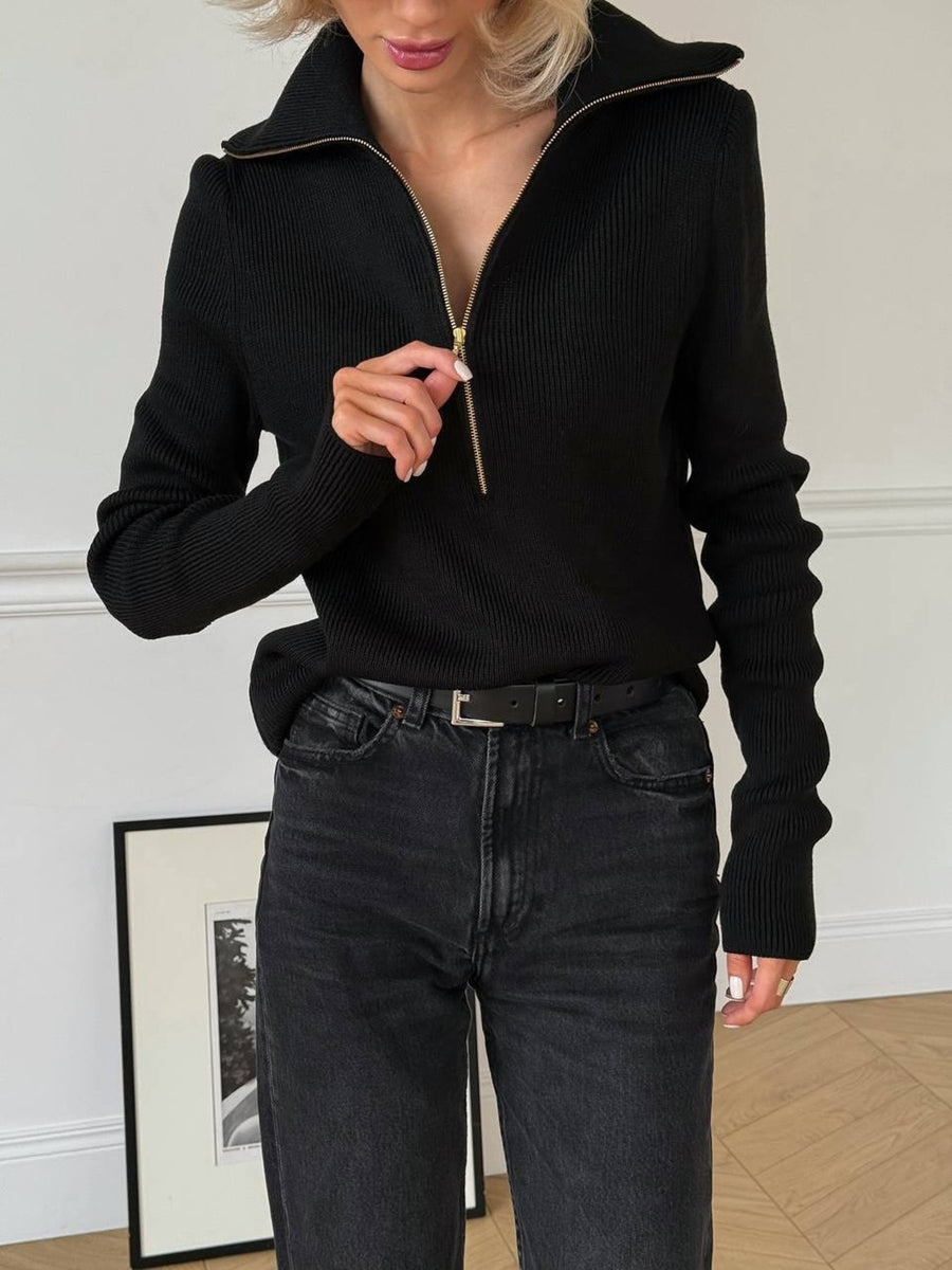 Brown relaxed zip-up sweater with collared