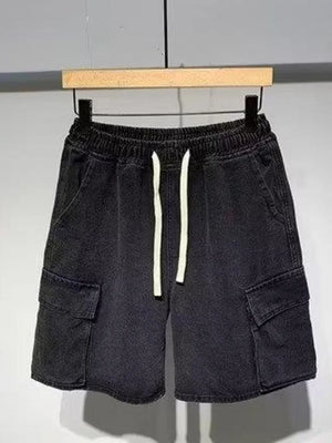 Men's black denim cargo shorts with elastic waist and drawstring.