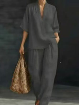 Dark Gray loose pajama set with deep v-neck
