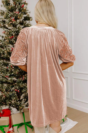Embroidered-sleeve Velvet Mini Shift Dress option 6
